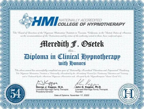 Meredith Osetek hypnotherapy diploma from the Hypnosis Motivation Institute
