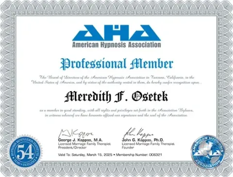 Meredith Osetek American Hypnotherapists Association membership credential